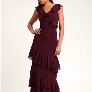 Lulu’s Maroon Ruffle Maxi Dress!